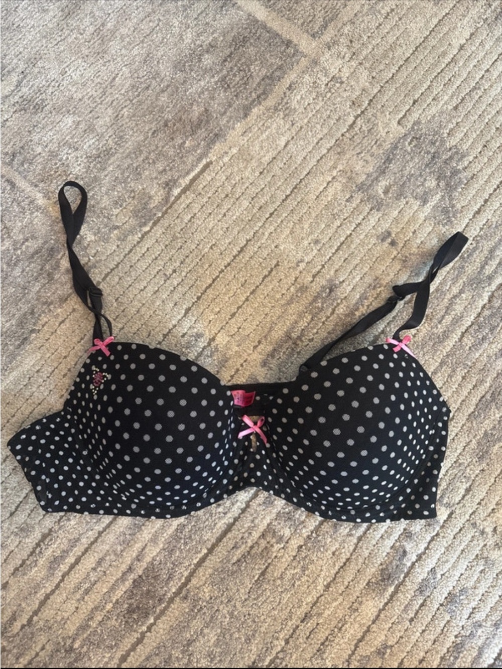 Betsey Johnson Black Polka Dot Bra with bling Pink Accents 36B - Picture 2 of 6